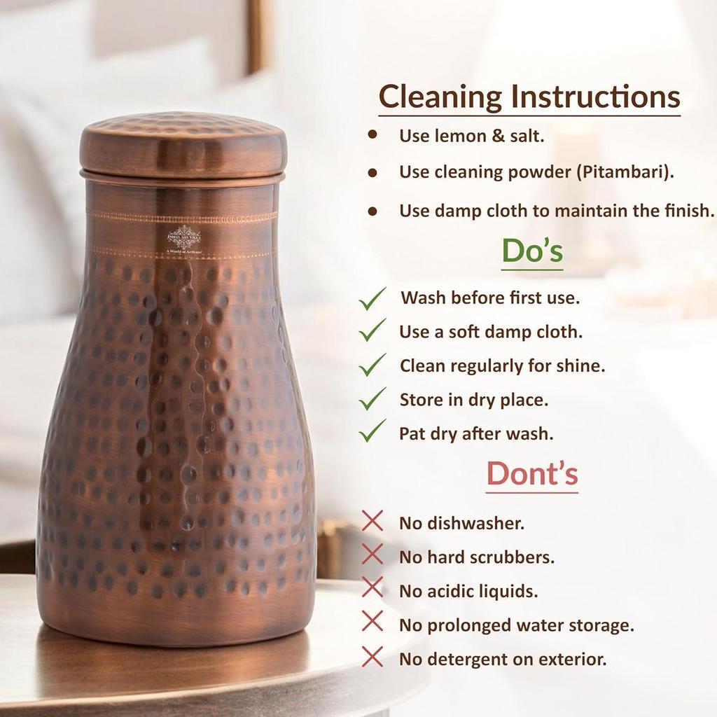 Pure Copper Bedroom Water Bottle with Inbuilt Glass, Hammered Antique Design - Drinkware & Storage Purpose, Volume 900 Ml (Pack of 2)