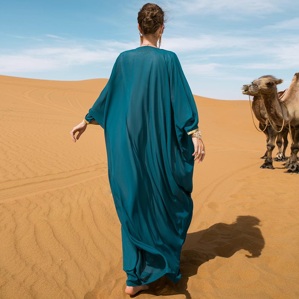 Naher Osten Muslimisches Kleid Seeblaues Band Cape Dubai Loses Fledermaushemd Robenkleid