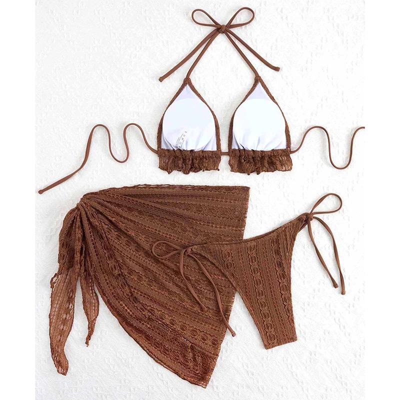 Sexy Bikini Set Plavky Dámské Trojúhelníkové Sestříhané Volánky Tanga Bikini Push Up Bandáž Krycí Oblečení Plážové Oblečení 3dílné Plavky