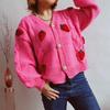 Casual Loose Strawberry Embroidery Thick Fried Dough Twists Single Breasted Knitting Sweater Coat Cardigan Women 3590 KTB