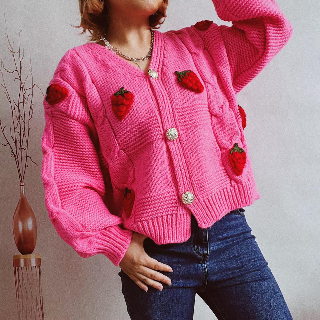 Casual Loose Strawberry Embroidery Thick Fried Dough Twists Single Breasted Knitting Sweater Coat Cardigan Women 3590 KTB