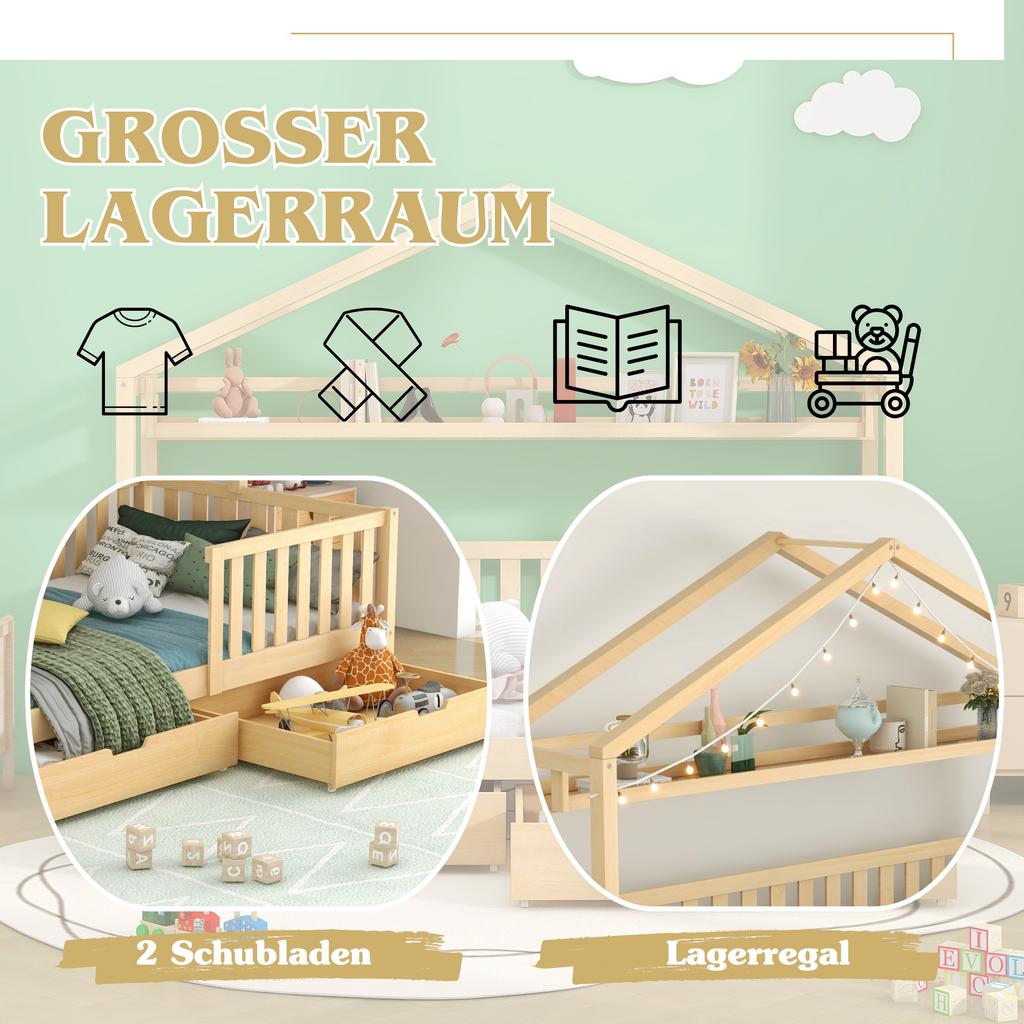Children's bed in wood color, house bed with drawers, solid wood with slatted frame, pine, youth room, 90x200, natural [OLD SKU:3226890AAW]