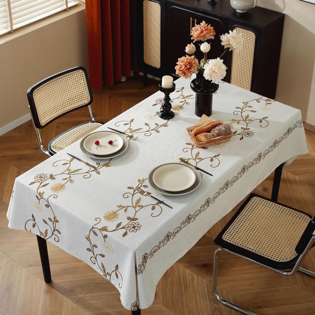 Country Tablecloth Striped Embroidery Flower Linen Heavy Duty Cover Kitchen Dining Table Cloth Home Textiles