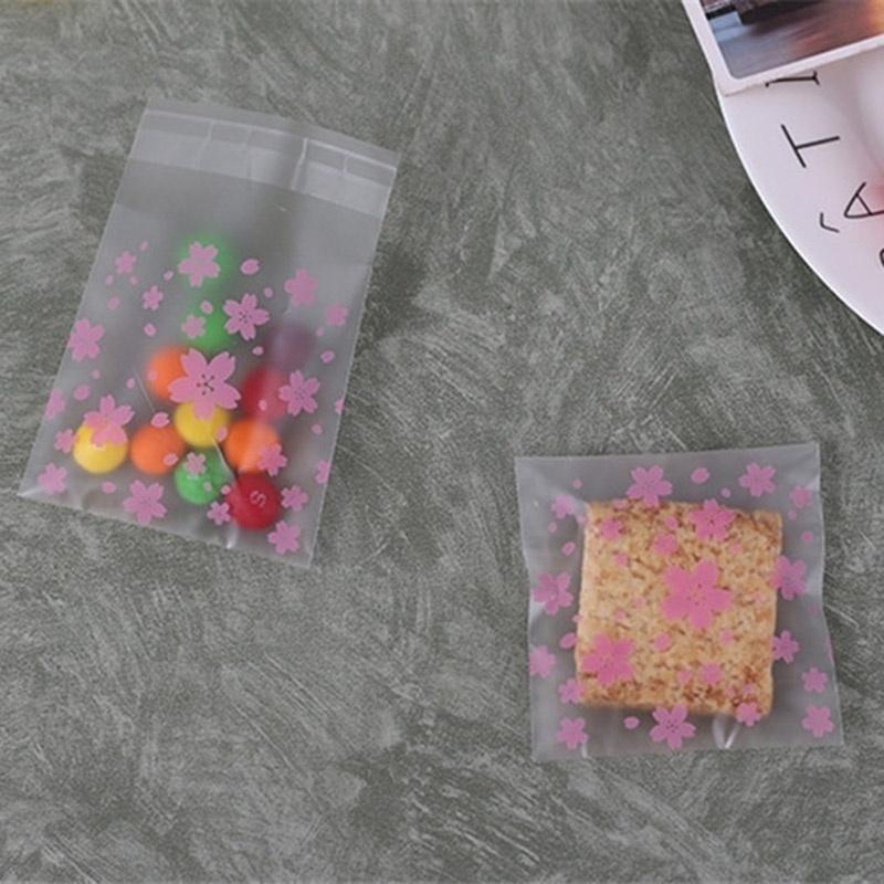 100pcs Pink Transparent Cherry Blossoms Mini Self Adhesive Scrub Opp Bags DIY