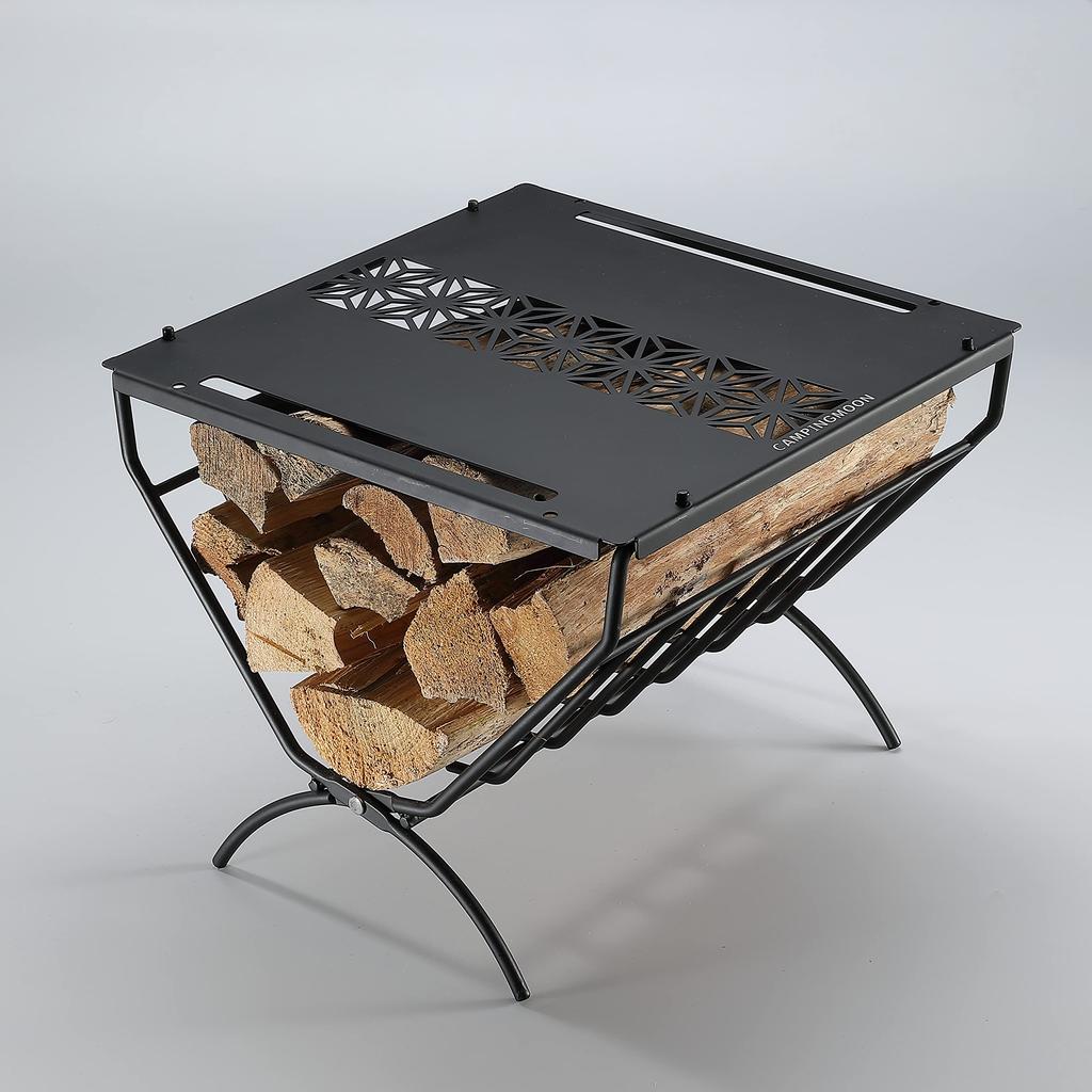 CAMPING MOON Firewood Rack with Top Plate for Field Firewood Rack Table Fireside Table Black Black Gear T-285A