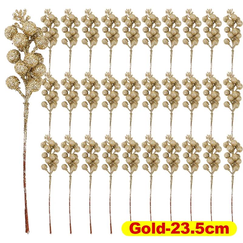 New Glitter Berries Branches Christmas Artificial Gold Powder Holly Berry Branch Xmas Party Fake Flowers Ornaments Home Decor