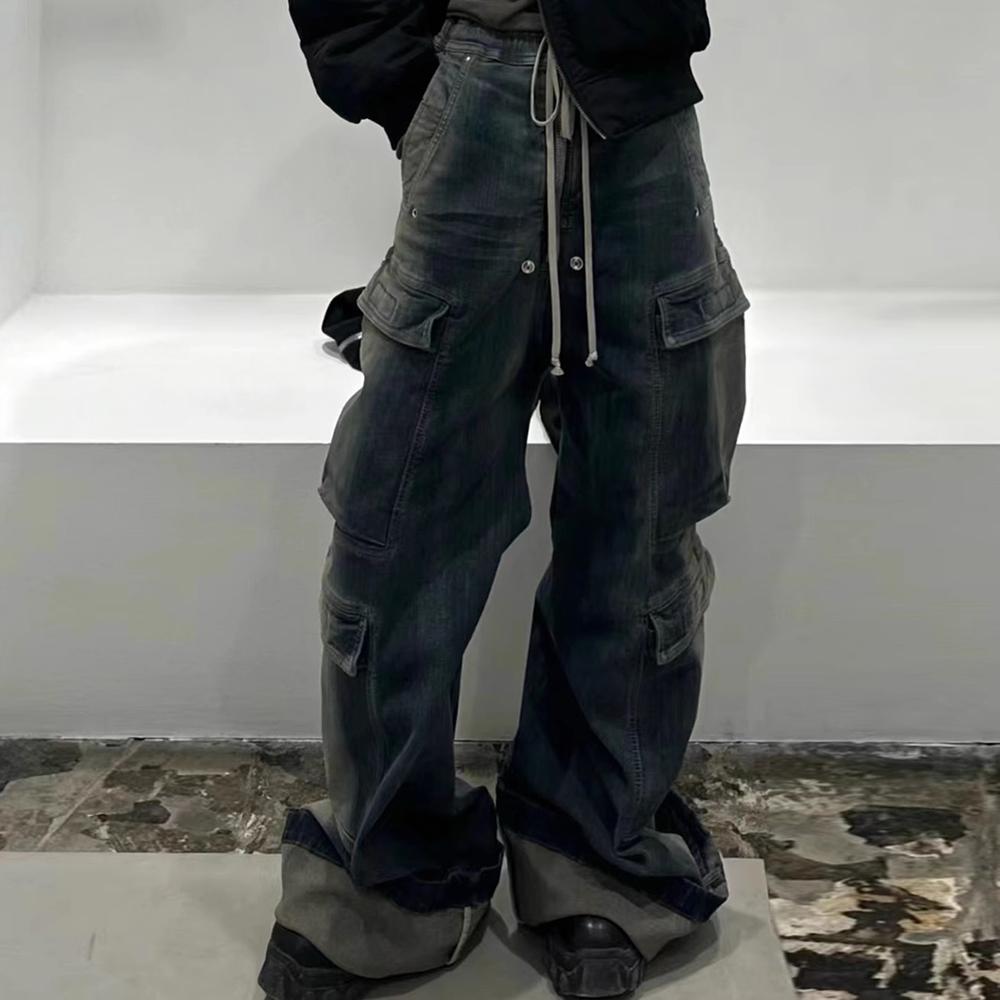 Stuhy s přechodem ve stylu RO Vícekapsy Džíny se stahovací šňůrkou pro muže Harajuku Streetwear Baggy Y2K Džínové kalhoty Oversized Cargos