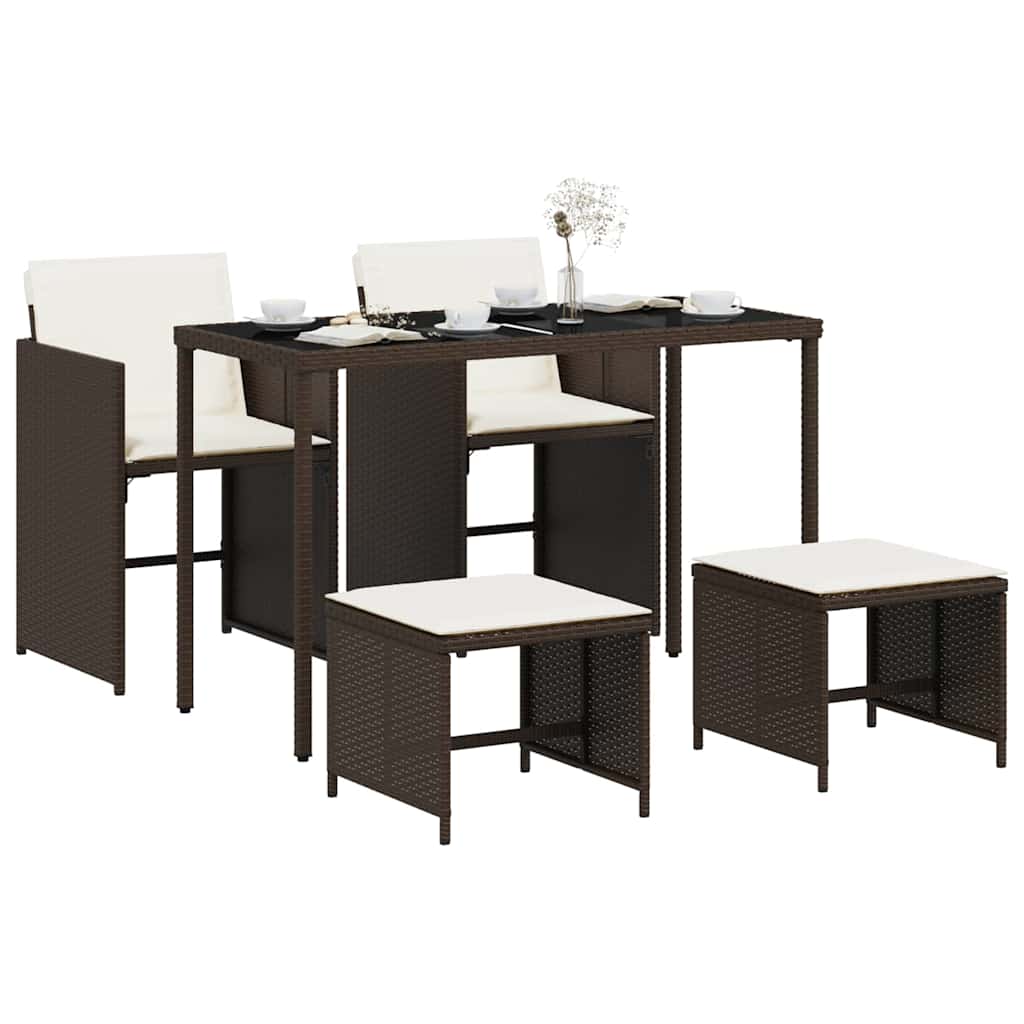 5 Piece Outdoor Dining Set with Cushions Brown Poly Rattan