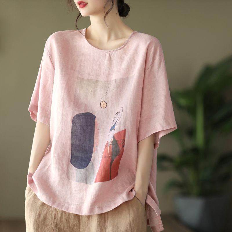 Women's Retro Print Cotton Linen Top - Short Sleeve, Loose Fit Pullover