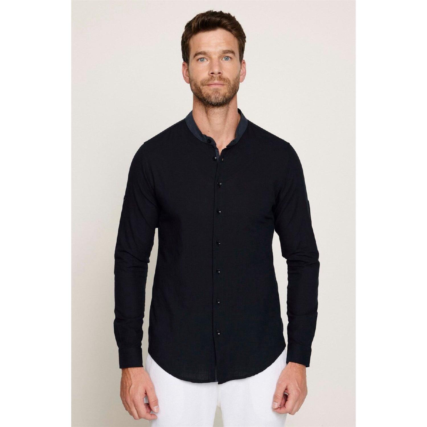 

Мужская приталенная приталенная рубашка с длинным рукавом из 100% хлопка и льна с текстурным воротником, черная рубашка с погонами S чёрный