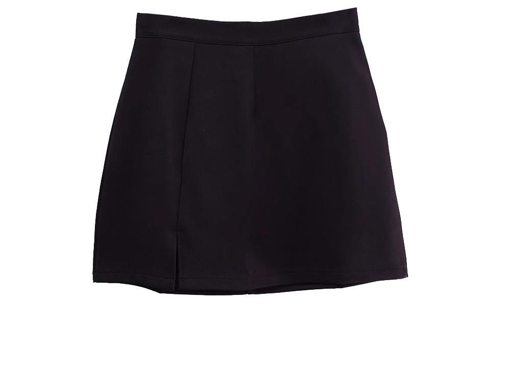 Women's Black High-Waisted Slit Midi A-Line Skirt - Spring/Autumn 2025