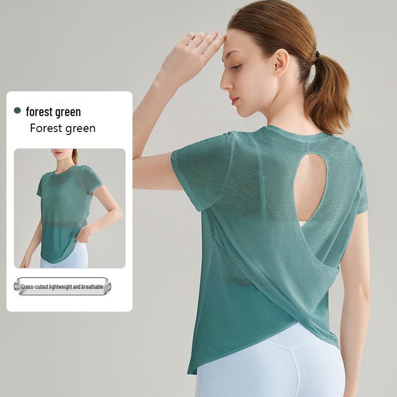 High-End Damen Slub Garn Aushöhlung Rücken Outdoor Sport Top – Atmungsaktiv, Rundhalsausschnitt, Kurzarm Fitness Yoga Überwurf für den Sommer.