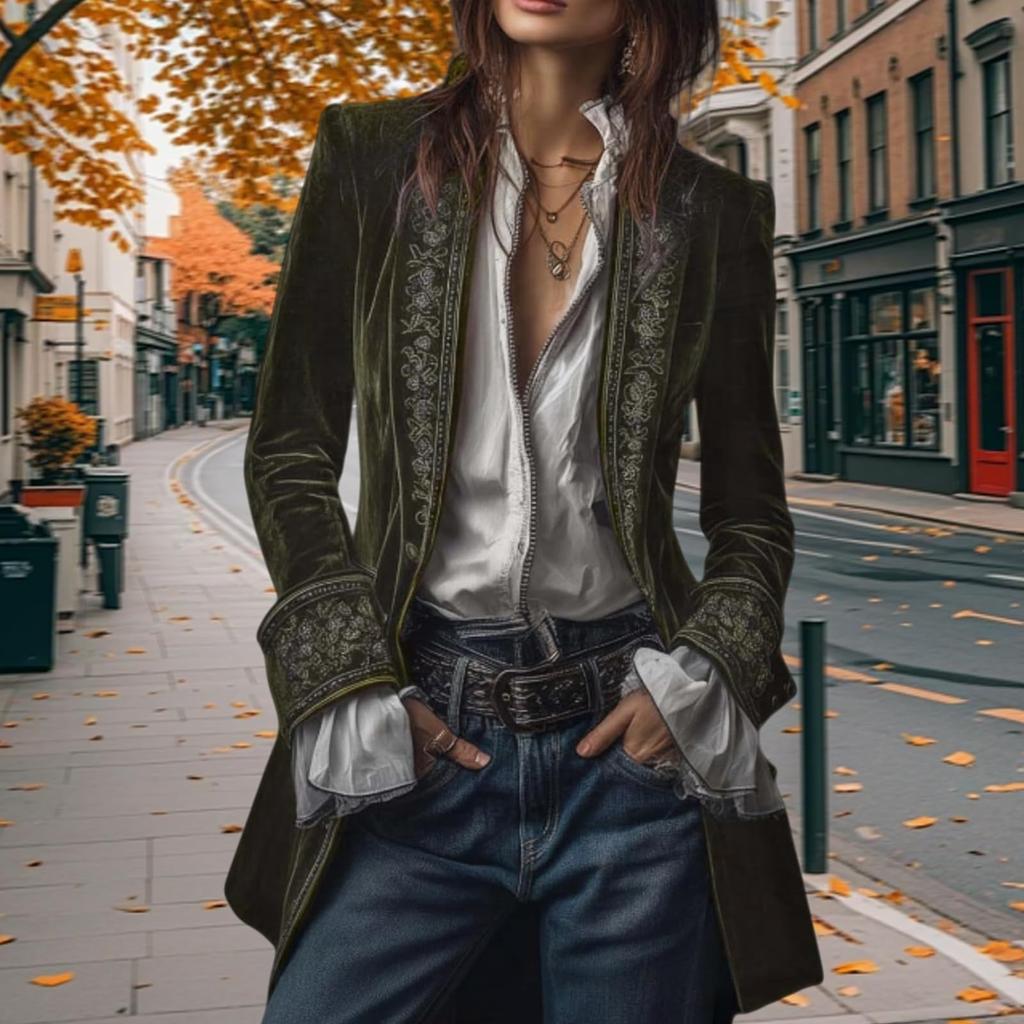 Cardigan de Veludo Vintage Feminino de Manga Comprida com Abertura Casual e Casaco de Comprimento Médio