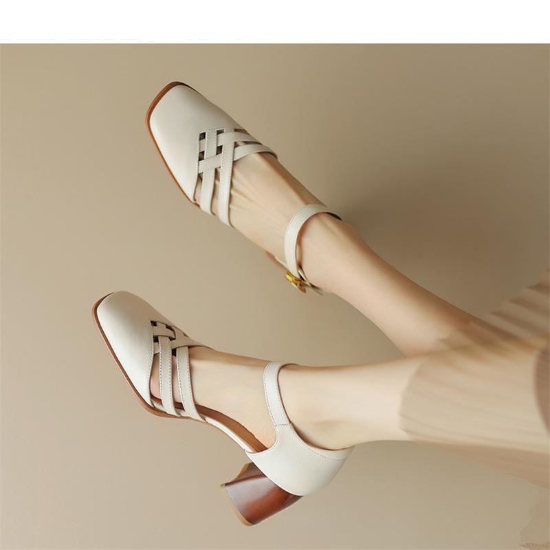 French Bag Head Hollow Sandals Women's Summer 2025 New Retro Thick Heel Single Shoes Temperament Square Head Roman High Heels