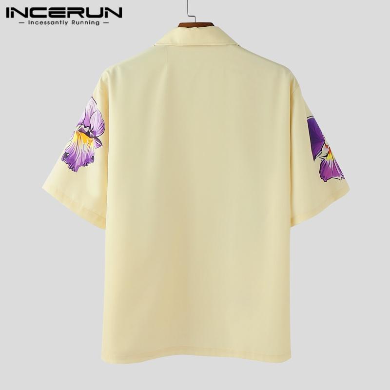 INCERUN Oversized Men Lapel Neck Short Sleeve Floral Print Casual Shirts