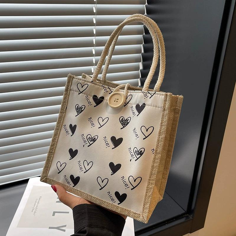 Bolsa de linho com zíper e botão Bolsa feminina Bolsa de compras de grande capacidade Bolsa de presente Organizador de praia Bolsa de compras portátil para almoço