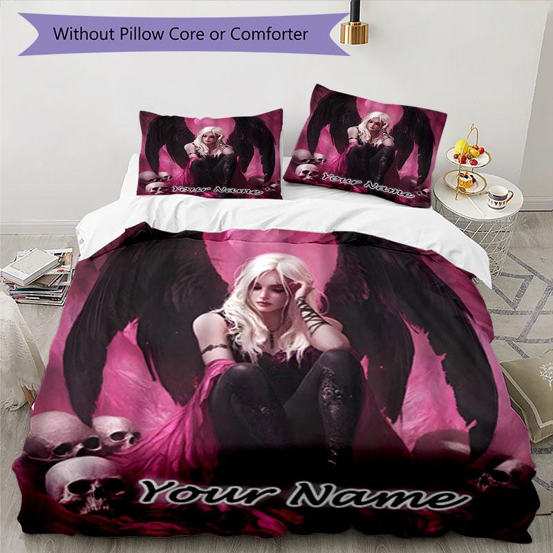 3PC Custom Name Gothic Angel Skulls Bedding Set Printed Bedding Set Duvet Cover Closure Includes 1 Duvet Cover & 2 Pillowcases for All Seasons Bedroom