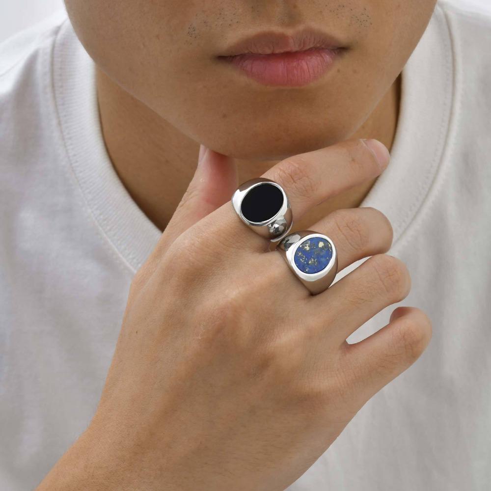 Pierścionek ze stali nierdzewnej z lapisem lazuli czarnym owalnym dla mężczyzn stylowy trwały dodatek biżuteryjny