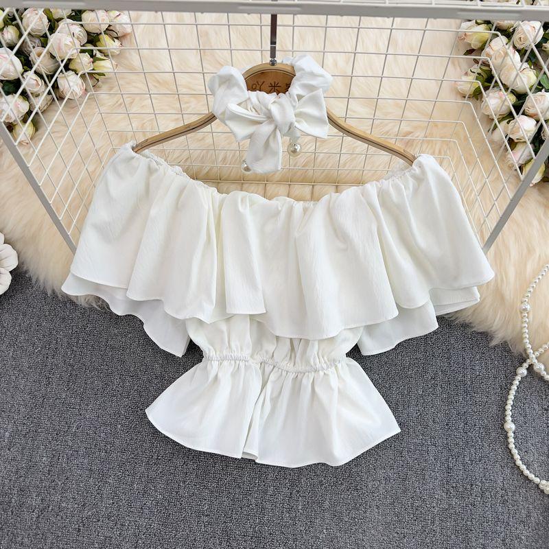 

Ruffles Women s off-Neck Strapless All-Matching Chiffon Shirt 2024 Summer Fashionable Cute Youth-Looking Loose Crop Top White All yards