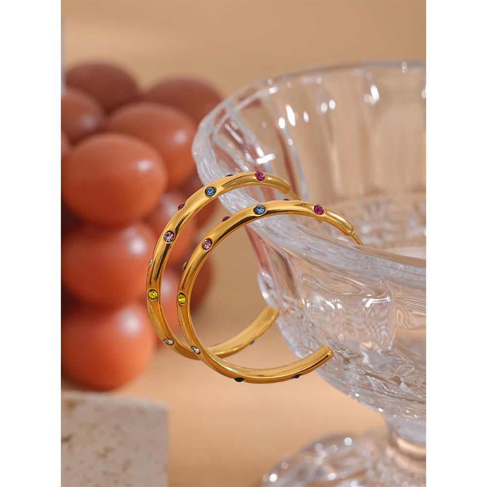 Yhpup Stainless Steel Round Circle Big Hoop Earrings Delicate Cubic Zirconia Fashion PVD-18k-Plated Geometric Golden Earrings