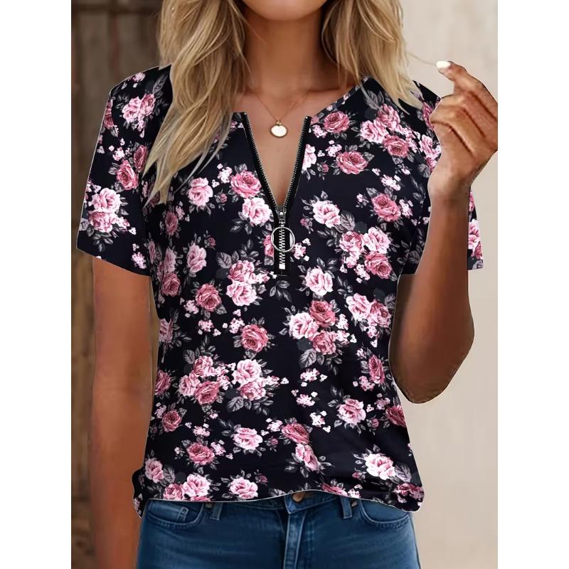 T-shirt da donna estiva a maniche corte con cerniera
