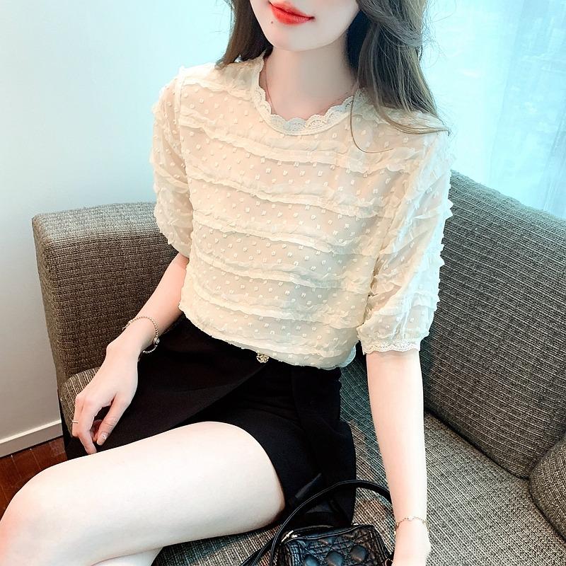 Solid Puff Sleeve Ruffled Lace Shirt Woman Round Neck Elegant Chiffon Blouse Women Slim Fit Sweet Casual Blouses Lady Tops 24191
