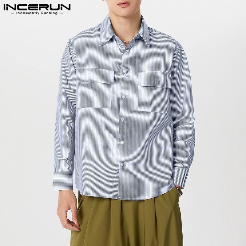 

INCERUN Men Long Sleeve Button Down Striped Tops Office Shirts