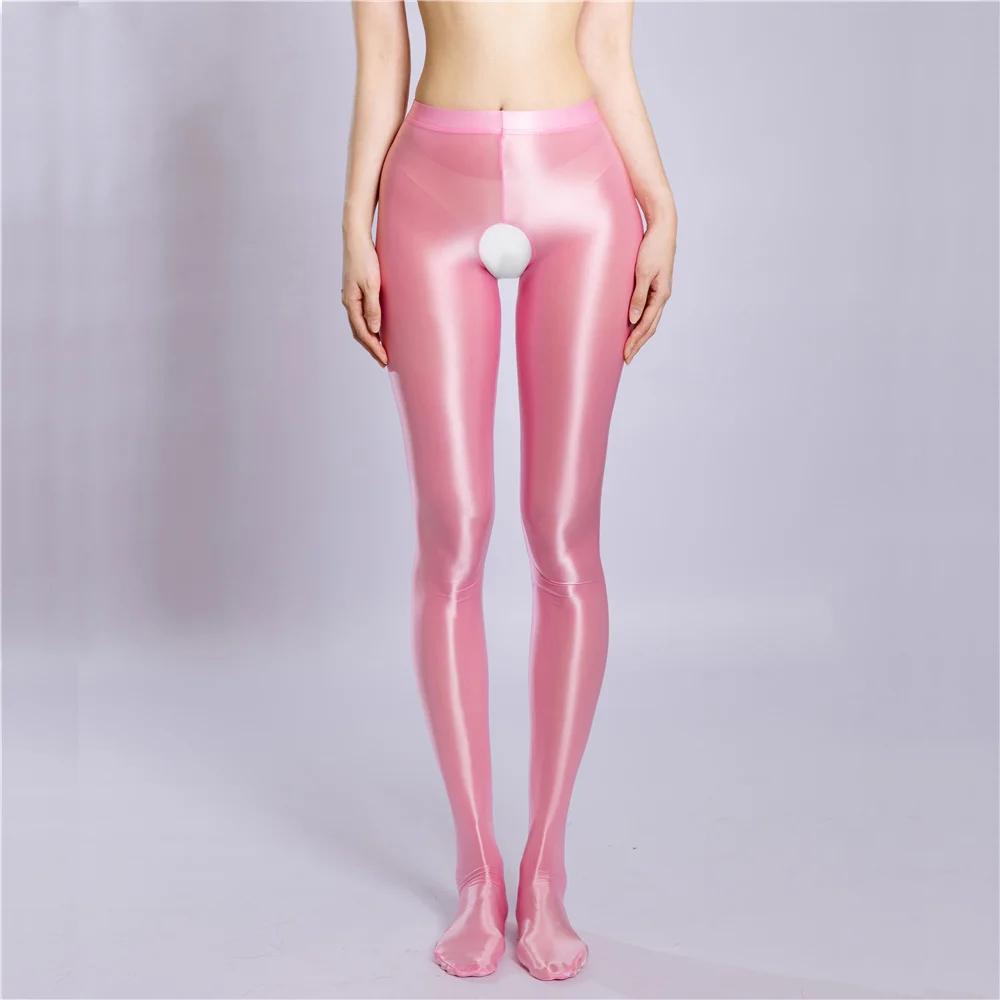 Sexy Women Crotchless Pencil Pants Elastic Glossy Shiny Slim Leg Yoga Shape Legging Tights Summer Ootd Fashion Party Dance