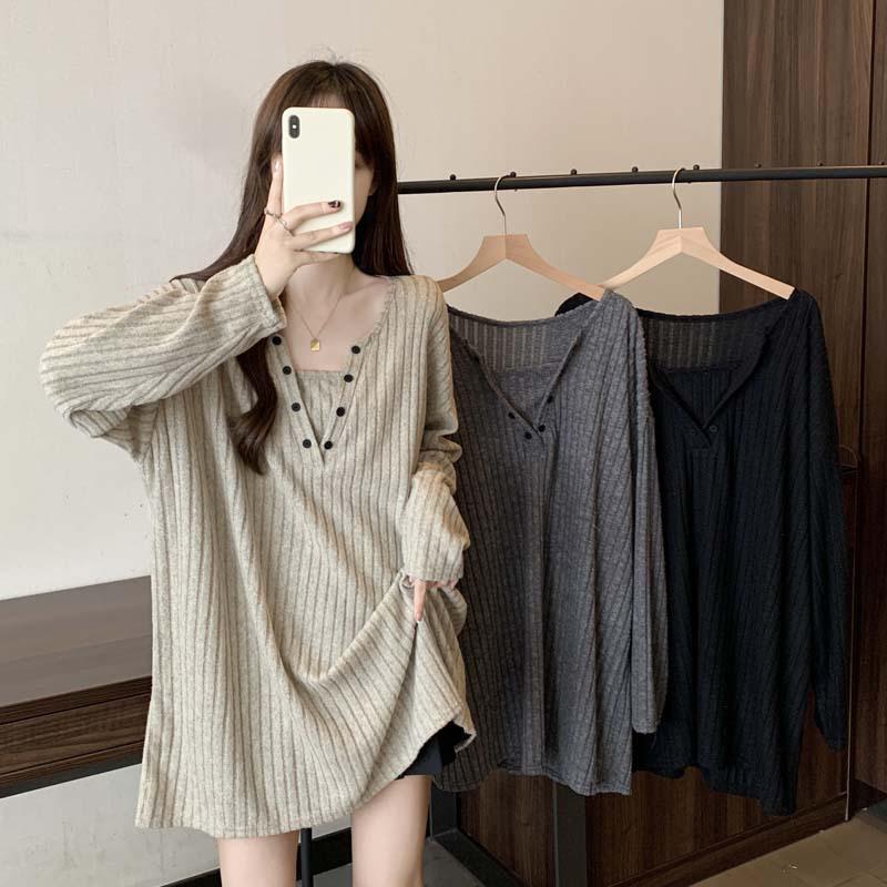 

2026 Spring/Autumn Women s Plus Size Ribbed Drop Shoulder Pullover T-shirt - Loose, Versatile Flocked Casual Top 3XL