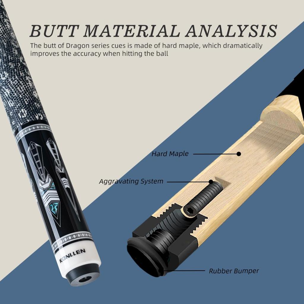 KONLLEN ProTaper Canadian Maple Adult Pool Cue Deflection Tip Professional Pool Cue Set with Extension and (Low Shaft, 10.5mm/11.5mm/12.5mm Sizes).