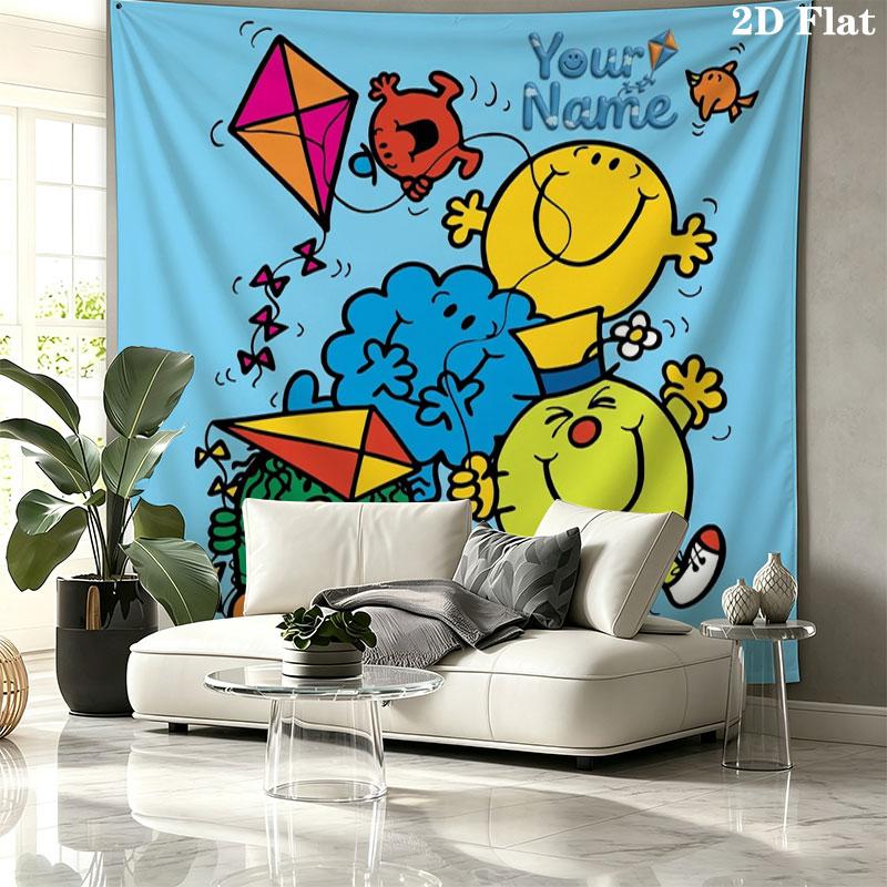Mr. Men Little Miss Custom Name Wall Tapestry Aesthetic Wall Hanging Printed Fabric Blanket Decorative Tapestries for Bedroom Living Room Home Decor