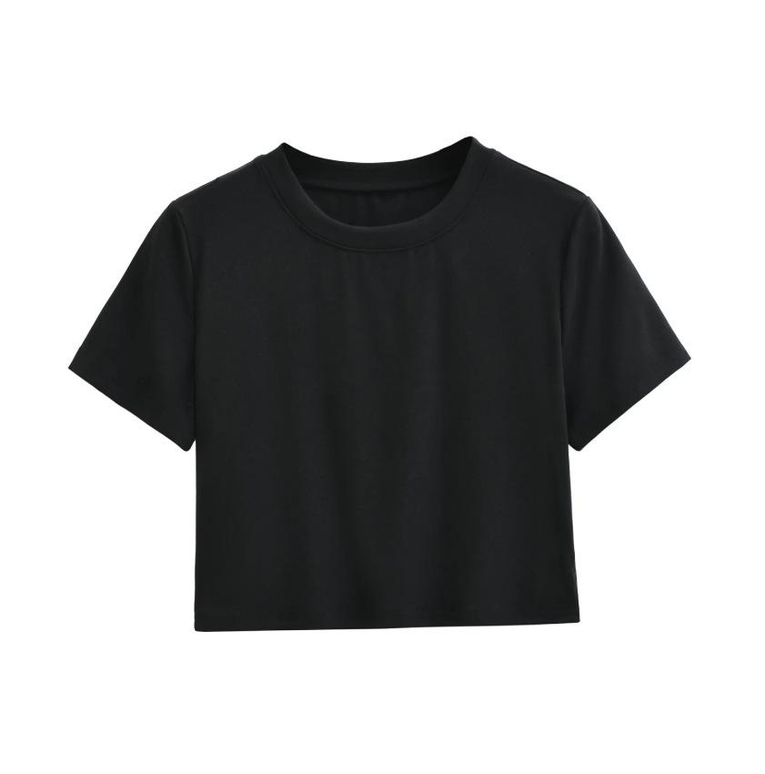 Front Shoulder Crew Neck Short Sleeve T-Shirt Women's Summer New American Spice Girl Style Solid Color Skinny Short Bottom Top