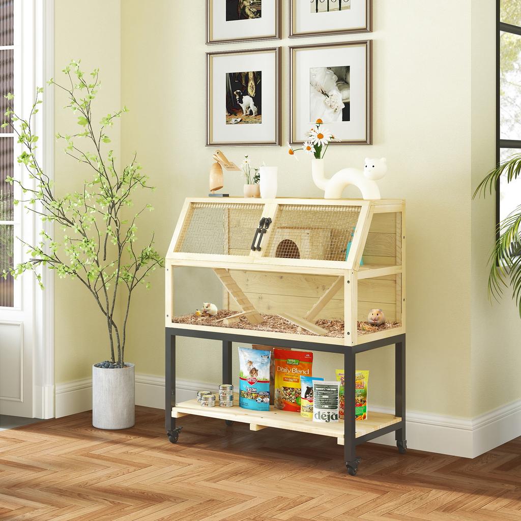 Wooden Hamster Cage with Storage Shelf, Wheels, Ramps, Water Bottle, Hut, Seesaws