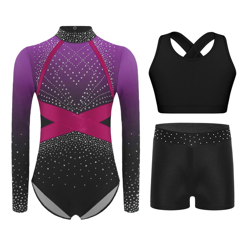 Girls Sparkly Rhinestones Color Block Leotard Long Sleeve Keyhole Back Design Cross Back Vest Shorts Skating Outfit