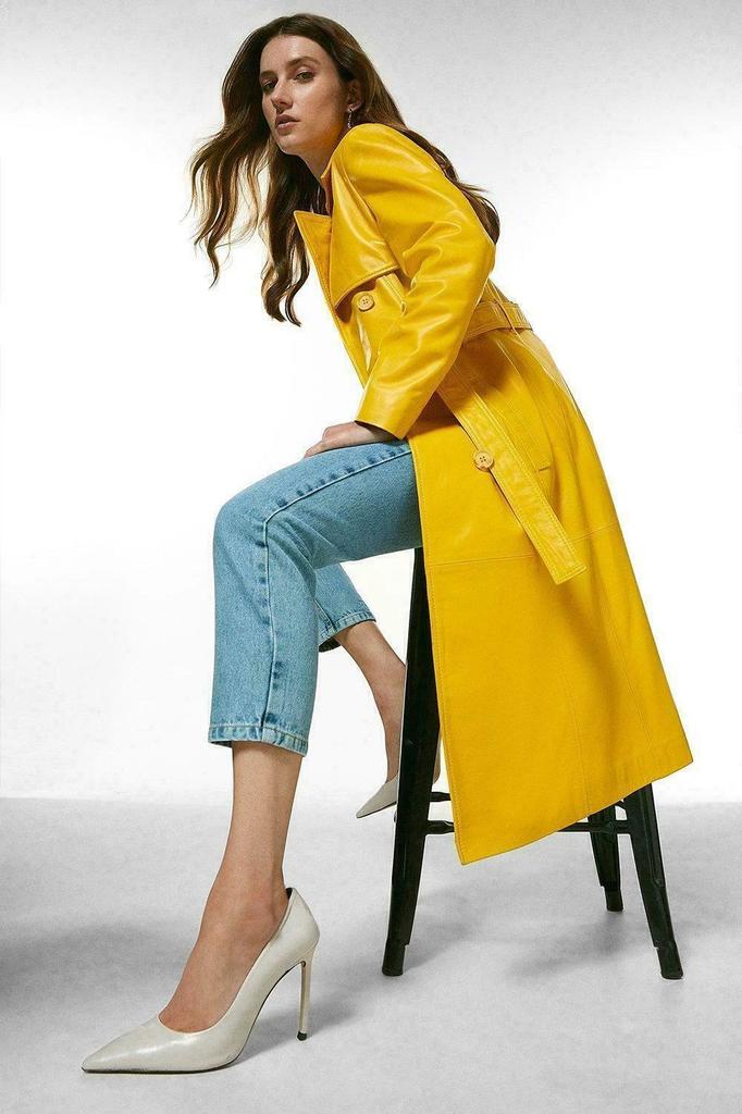 New HOT Women Yellow Trench Coat Leather Genuine Lambskin Handmade Long Party Stylish