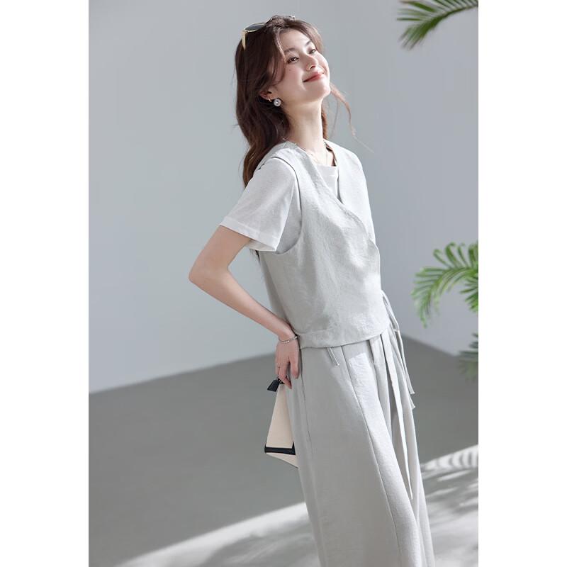 VICTORIA&VERA Round Neck T-Shirt, Vest & Wide-Leg Pants 3-Piece Set