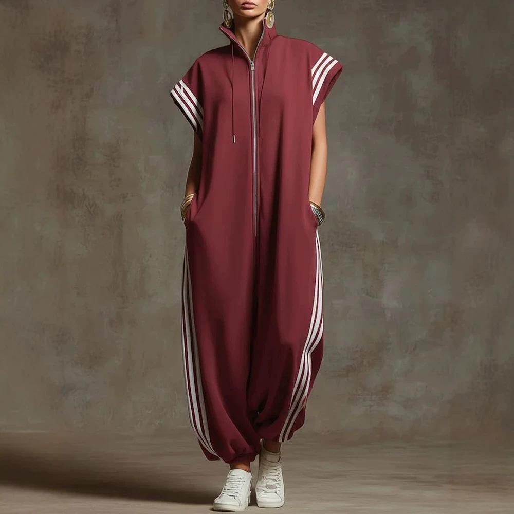 Nouveau Style Fermeture Éclair Col Montant Rayé Coordination de Couleurs Tendance Décontracté Coupe Ample Manches Courtes Pantalon Une Pièce pour Femmes