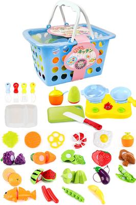 Ekscytujący zestaw do zabawy w kuchni 33 rodzaje Kosz do przechowywania zabawek Krojone warzywa Owoce Ryby Kiełbasa Deska do krojenia Nóż Gotowanie Prezent Uroczystość Smażenie