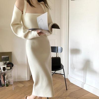 Autumn Winter New French Pure Style Knit Dress Female Design Sense Elegant Sweater Dresses Casual Two Piece Slim Long Dress Set