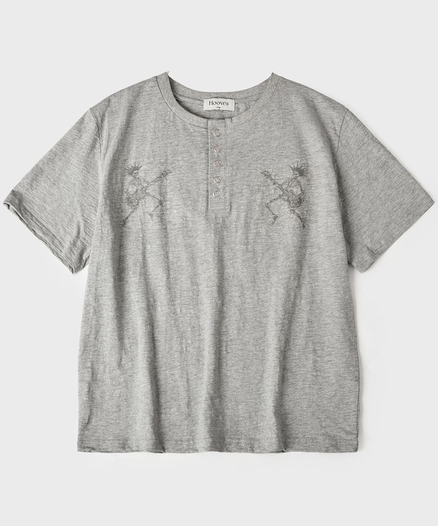 HOOVES Twin Skeleton Henley Neck Short Sleeve Tee [Melange Grey]