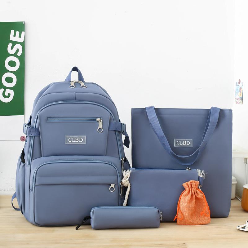 5pcs Elementary School Five Piece Backpack High School Students Large Capacity Multi Pocket Multi Functional Backpack Solid Canvas Leisure Bag