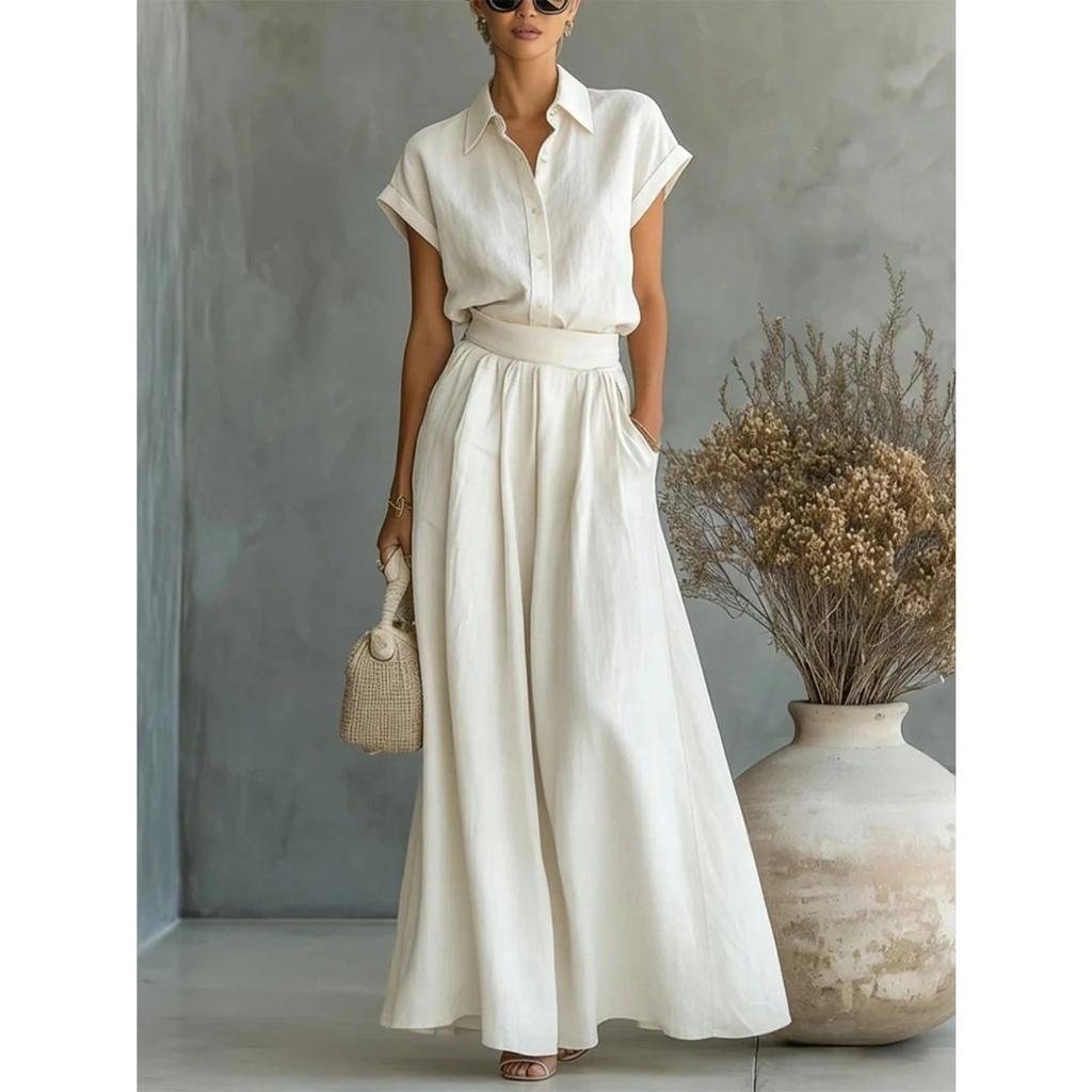 Women's Collared Short Sleeve Top Wide Leg Pants Set Loose Fit Casual Two Piece Outfit