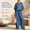 New Arrival Women's Casual Loose 2-Piece Set – Round Neck Zip-Up Top + Wide Leg Pants, Solid Color Loungewear Suit for Travel & Daily Wear