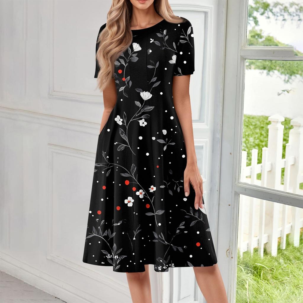 Damen Modisches Druck Rundhals Locker Kurzärmelig Tasche Pullover Kleid