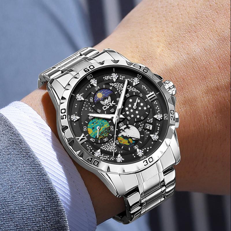 OPK Stainless Steel Waterproof Starry Sky Men's Watch Male Student Luminous Single Calendar Quartz Watch