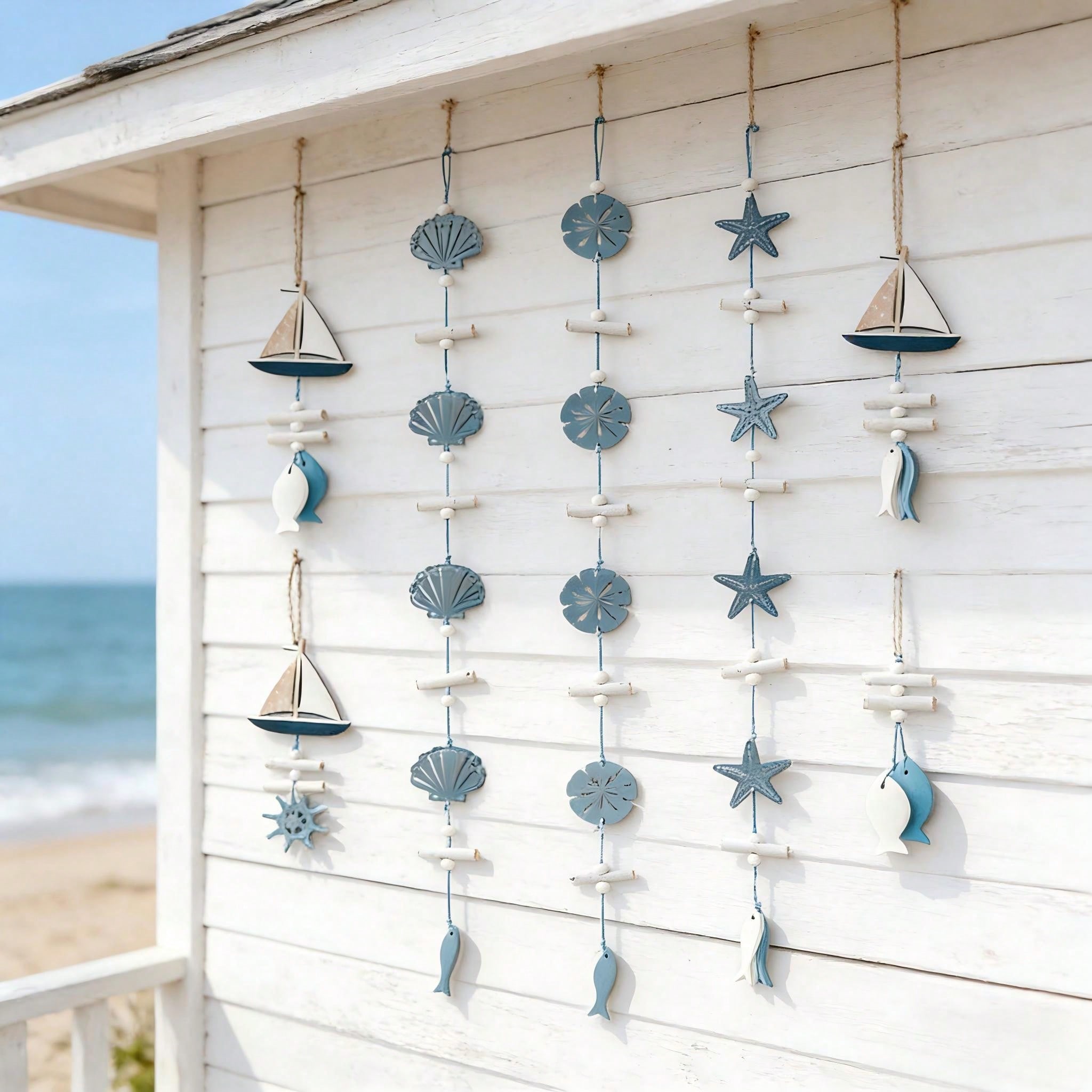 7pcs Mediterranean Style Wooden Ocean Wall Hangings, Sailor Starfish and Shell Pendants, Decorative Ornaments for Home Living Room