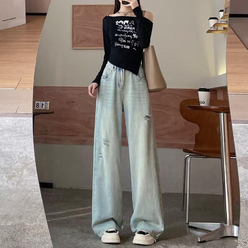 

Джинсы больших размеров с высокой посадкой и широкими штанинами для женщин - Весенне-летняя мода M светло-синий