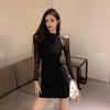 American Temperament Spice Girl Sexy Black Long-sleeved Dress Women's Summer Splicing Mesh Slim-fitting Versatile Hip-wrap Skirt