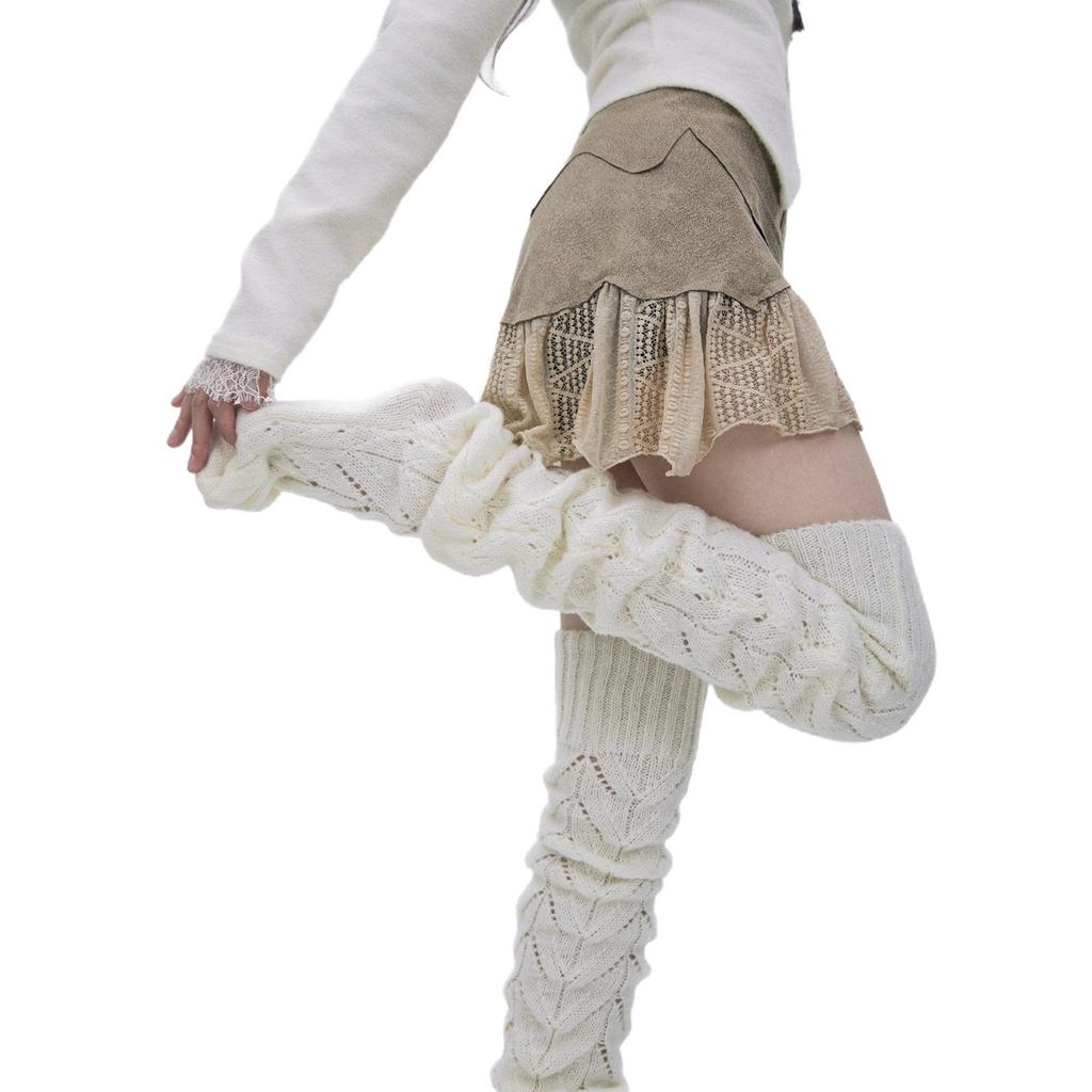 Autumn And Winter Knee Stacking Socks Children'S Knitted Wool Warm Long High Tube Socks Mesh Hollow Non-Slip Vertical Pattern Thigh Socks
