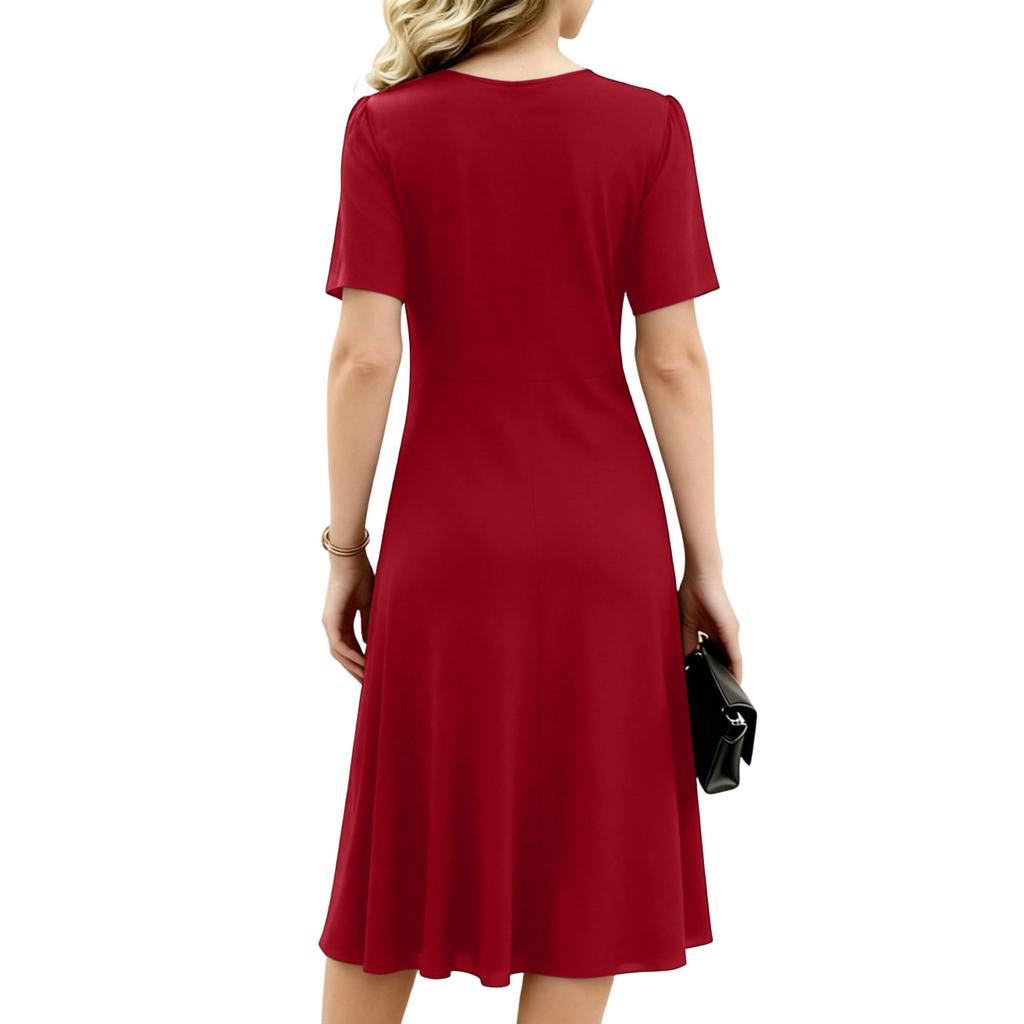 Fashionable Women's Loose V-neck Short Sleeved Dress, Mid Length Skirt